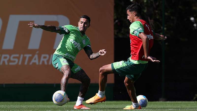 Dudu e Vitor Reis durante treinamento do Palmeiras, na Academia de Futebol.